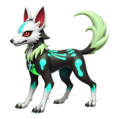 Hyper realistic demonic slim skeletal black and neon green futuristic shiny colorful bioluminescent cyber-Poochyena-Lycanroc-Zorua-Litten-Houndoom-Fakémon-Pokémon-Digimon-hybrid-fusion (full body) with a skull face sticker