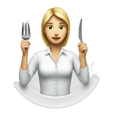 a woman with a fork and knife in hands; white plate near sticker