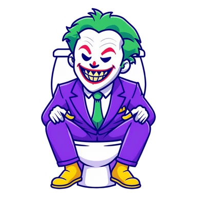 Joker villain sitting on toilet laughing maniacally, green hair, purple suit sticker