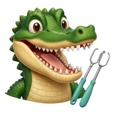 an alligator opening its mouth with a dentist sticker
