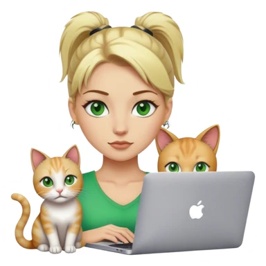 Blonde woman ponytail green eyes with cat and MacBook sticker