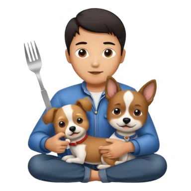 Make an Asian man with a cute dog on his play while the Asian man has a fork and knife in hand sticker