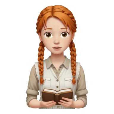 Girl with pale skin, freckles, full light lips, ginger hair in braids, messy, wearing a white dress, a brown button up, sleeveless on top, holding a book. sticker