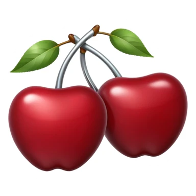 A pair of cherries emoji made of polished silver chrome, smooth rounded shapes, glossy metallic finish, soft highlights and reflections, cute proportions, iOS emoji style, centered, clean white background, no text sticker