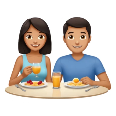 pon una pareja desayunando sedayuno de hotel pareja de pelo moreno sticker