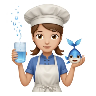 A girl with brown hair with a chef hat wearing an apron and holding a fish and a cup of water in another hand sticker