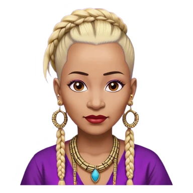 African american 57yr old woman, dark brown skinned woman who is 5ft 6in with a blonde and black mohawk of individual braids, with low haircut  shaved sides, 
wearing a purple,  gold and red dashiki wearing big gold bamboo earrings in ears with the name engraved of Draya sticker