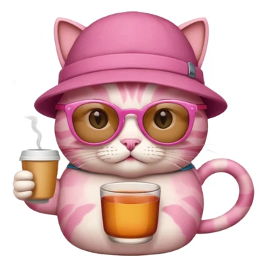 Pink cat with hat, holding cup of tea, wearing sunglasses sticker