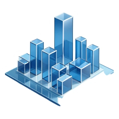 A minimalist 3D illustration of abstract glass buildings in blue tones, made of transparent glass-like materials with soft lighting and subtle reflections, isometric perspective, white background, futuristic architecture concept, volumetric light, clean render, high detail, no text sticker