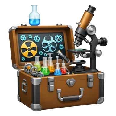 toolbox science, chemicals, mechanical gears, steampunk, electronics, resistors, ic, physics, microscope, nuclear model, radioactivity sticker