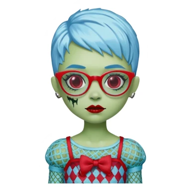 Ghoulia yelps monster high doll in scene/emo style cherry print dress with fishnet sleeves, clothes, thin, small, red, rectangle glasses, pale white-blue skin, pale-green pixie-cut, zombie scars , boy sticker