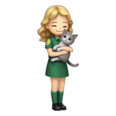 a fair-haired girl hugs a brunette in a green uniform, a gray cat sits below sticker