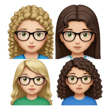 a girl with straight hair and brown eyes, a girl with straight darker brown hair and brown eyes , a girl with curly brown hair and brown eyes with glasses, a girl with straight blonde hair and green eyes, a  boy with brown hair and brown eyes, a girl with brown hair in a high ponytail and blue eyes, a girl with black hair and brown eyes sticker