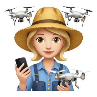 female farmer holding a smartphone with a drone flying in the background, emoji style sticker