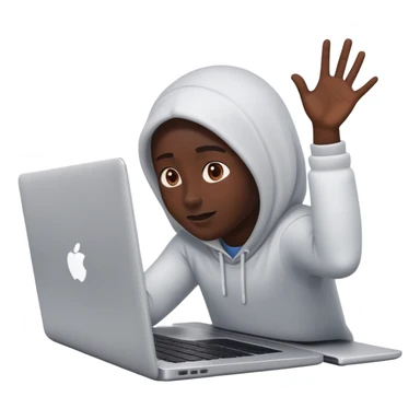 A dark-colored laptop with the screen open. From the screen, a person is emerging, giving a lecture or teaching. The person should look expressive and in a teaching pose. Soft shadows, semi-3D emoji style, clean background. sticker