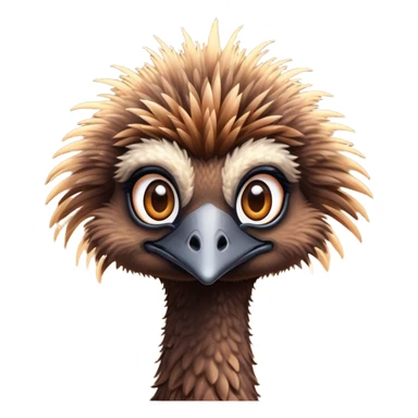 Cinematic Cute Emu Portrait Emoji, Head tilted playfully and inquisitively, featuring a glossy, textured brown plumage with a perky head and round, sparkling eyes full of curious wonder, Simplified yet irresistibly adorable features, highly detailed, glowing with a warm, friendly glow, high shine, affectionate and lively, stylized with a touch of outback whimsy, bright and endearing, soft glowing outline, capturing the essence of a mischievous yet loving emu, so playful it feels like it could gallop out of the screen into your arms! sticker