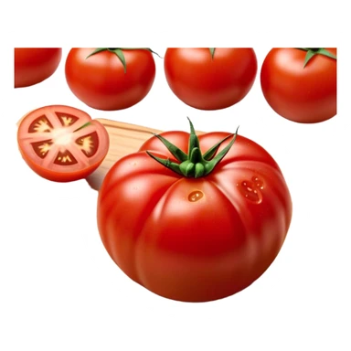 Cinematic juicy ripe tomatoe, deep red, slightly dewy, arranged on a wooden cutting board, soft glowing background, rich and flavorful. sticker