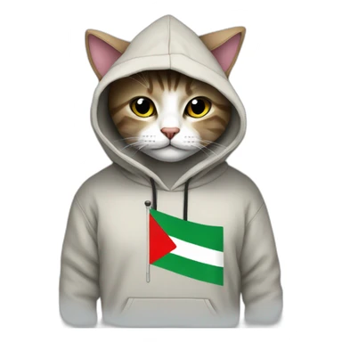 a cat wearing a full hoodie with Palestin flag sticker