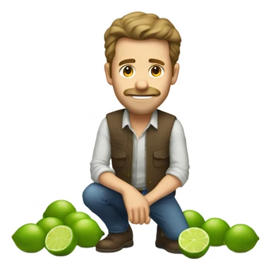 The same white man with brown hair bending down to pick up many fallen limes on the floor . No facial hair please sticker