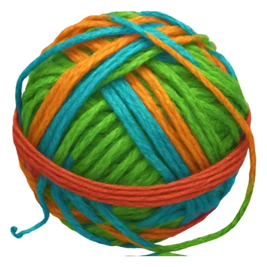 A ball of yarn with the thread colors green, orange, blue and red sticker