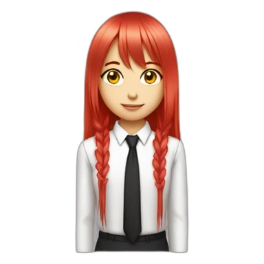 (gril) makima with long straight red or pink hair fringe, yellow eyes with a circle inside and a white shirt with long sleeve and black tie sticker