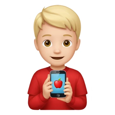 happy little kid with a phone, apple style emoji, wearing a red shirt, concise style typical of apple emojis sticker