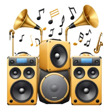 Icon for R&B Music Listening: large concert speakers and headphones with waves of musical notes coming out, along with drums, bass guitar and saxophone. The icon should convey the energetic and rhythmic vibe of R&B music. Transparent background sticker