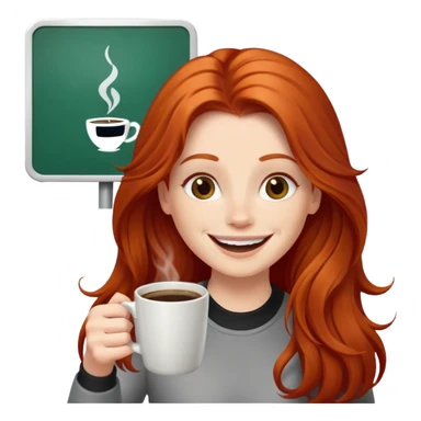 Excited long haired redhead drinking coffee with a sign in front saying GTSY sticker
