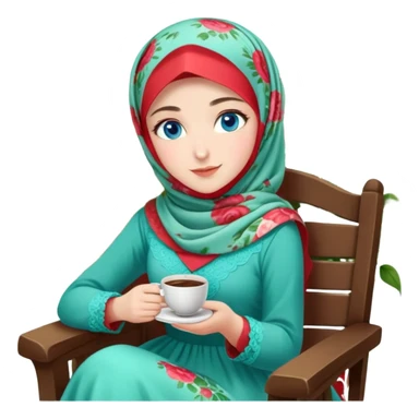 Turkish beautiful finish Konya girls blue eyes with Beautiful light red green floral hijab long tail dress and in a lovely garden sits on the chair on the ground and holds cup coffe with her hand  sticker