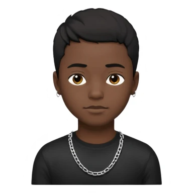 Generate a emoji of a black boy with dark skin, wearing a black compressed T-shirt, with short 4C black hair and make him wearing a silver chain, and make the chain thin sticker