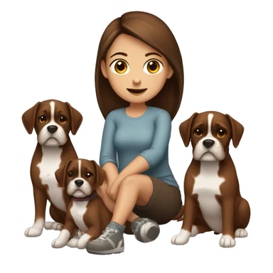 a brown hair girl sitting with two dark brown boxer dogs sticker