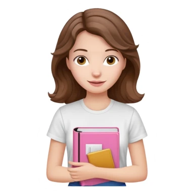 pale woman with wavy brown hair, white t-shirt, holding a pink Bible, friendly expression sticker