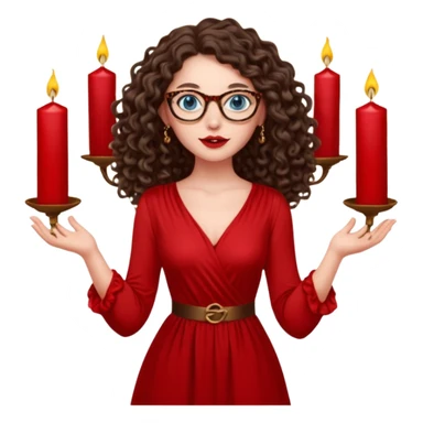 a blue eyed woman with very long brunette curly hair, full lips,and really pale skin. She is wearing a leopard printed thin round-ish glasses . She is wearing fully plain silky red dress. She is flying on the air. There are candles and sculptures and red roses all around her. She is making a magic. sticker