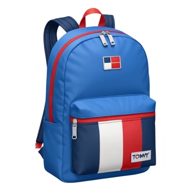 simple blue backpack, at the bottom pocket there is a  one tommyjeans logo featuring a Tommy Jeans-inspired logo. The logo looks like a vertically-flag in red, white. The flag stripes are vertical, not horizontal. Flat

 sticker