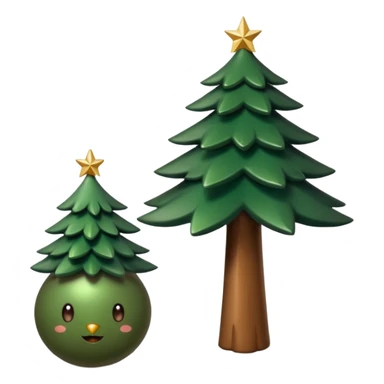 Un emoji représentant un petit sapin stylisé, sans bouche, avec deux grands yeux de biche brillants couleur cannelle. Style minimaliste, mignon et expressif, comme un sticker ou un emoji moderne. Fond parfaitement transparent, haute qualité, bien centré. sticker