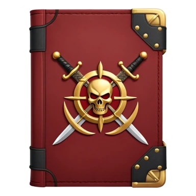 A dark crimson red book with black and gold details, a rugged leather texture, and an emblem of crossed swords, a knight chess piece, or a battle flag, radiating strategy, discipline, and the art of power sticker
