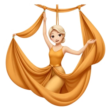 Emoji estilo ilustración de una mujer practicando danza aérea en tela, colgada en telas de seda, expresión feliz, estilo emoji moderno, colores suaves, fondo simple sticker