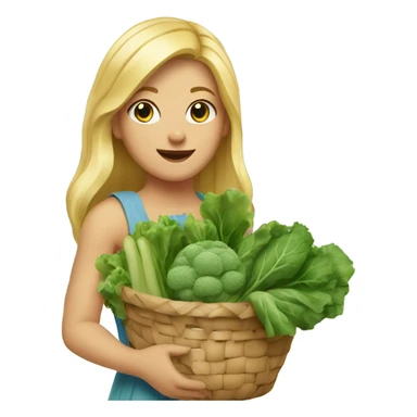 Girl with blonde hair and blue eyes wearing a sleeveless sundress and carrying two baskets of vegetables and greens sticker