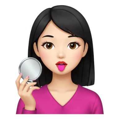 black haired asian girl putting on lipgloss while holding a compact mirror sticker