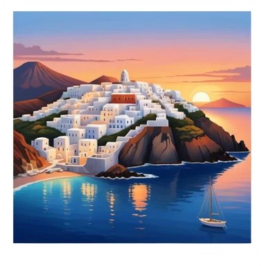 Cinematic Realistic Santorini Caldera Landmark Emoji, featuring white-washed buildings perched on volcanic cliffs, overlooking the deep blue Aegean Sea, with warm sunset hues illuminating the sky and reflecting off the water. sticker
