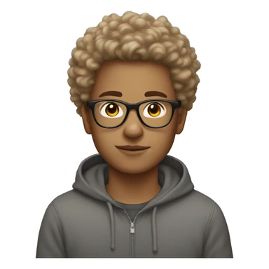 White Teen with light brown fluffy hair on top with glasses wearing a school sweatshirt sticker