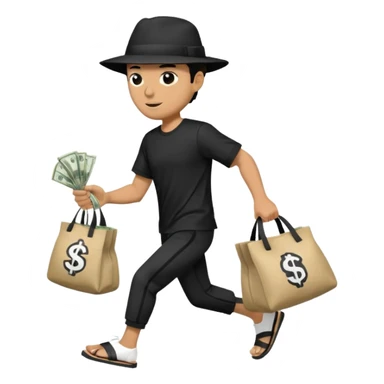 Make a man wear a black pant and he shirt is balck line and white line and wear a black hat and he holding a money bag and he running he wear a black eye thing no money in the Left hand and he yellow and the money bag in the right he wear a flip flop like this is Money bag 💰 NO MONEY sticker
