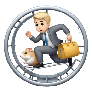 Create an emoji of a tired, overworked entrepreneur running on a hamster wheel, chasing a floating dollar sign or a bag of money. The character has dark circles under their eyes, looks exhausted, and appears stuck in an endless cycle. The hamster wheel represents constant struggle, while the money is always just out of reach. The style should be clean and easily recognizable as an emoji

 sticker