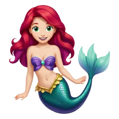 Disney Ariel mermaid with long red hair, green tail, and purple seashell top, smiling sticker