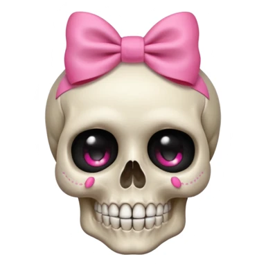 a shy skull with a pink bow, subtle smile, bashful look, apple style emoji sticker