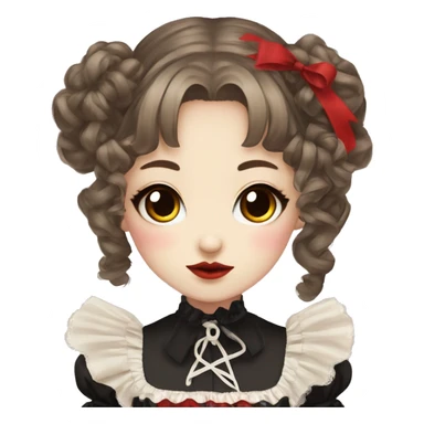 Japanese pale woman with brown curly pigtails and bangs, red lips and eyeshadow, long eyelashes, brown eyes, red Lolita dress with laces and ribbons, gothic Lolita doll look sticker