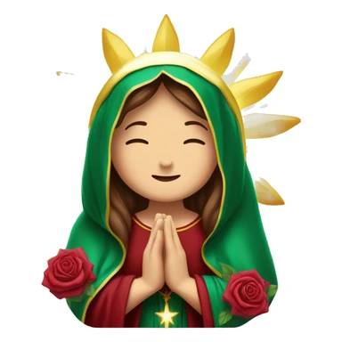Virgin Mary: kind face looking down at the left, long brown hair, Wearing an emerald green  robe with gold stars and a burgundy red dress,  Hands in prayer or blessing. Halo around her head. standing in front of a big sun. colorful roses on the sides  sticker
