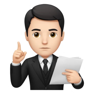 A white man in a black suit stands with a serious face and points at his hand holding papers. sticker