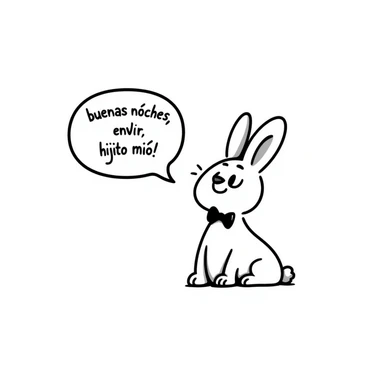 A cute rabbit saying "buenas noches, hijito mío!" in a speech bubble. The rabbit looks loving and gentle, like a parent saying goodnight to a child. sticker