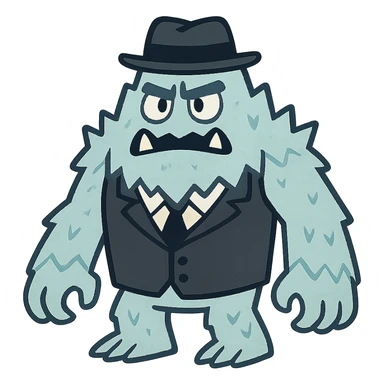 flat toon style ice monster with a black and white suit and hat sticker